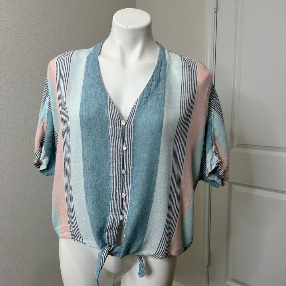 Rails Thea Striped Tie Front Blouse Large Blue Pink Rayon Linen V-Neck Top Beach